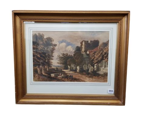 R R ROBERTS - WATERCOLOUR - CHURCHYARD SCENE 