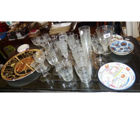 Engraved rummer, other engraved glassware, Chinese porcelain saucers etc