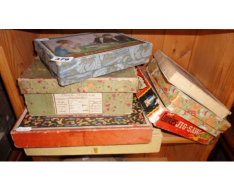 Victory jigsaw puzzle of Queen Mary, two Chad Valley puzzles, a "Puzzle Perplexite" of a Hunting scene, a Glevum series simil