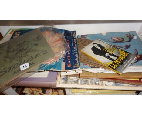 Shelf of books including "Strubes Annual of Cartoons" from Daily Express, 1930s "Night & Day" magazine, La Petomaine paperbac