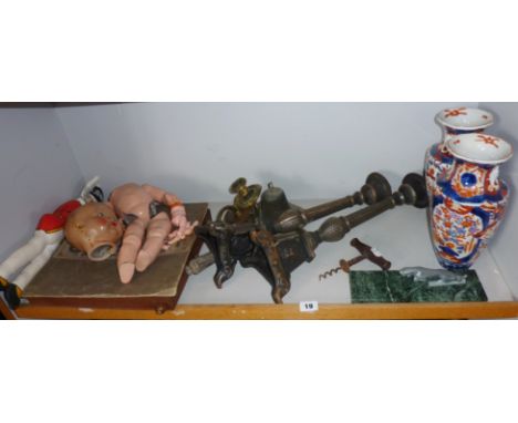 Vintage toys & old doll, corkscrew with Henshall button, Chinese vases and an Art Deco panther on marble base