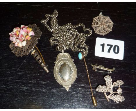 Vintage silver brooches and pendants, together with a 9ct gold tiepin mounted with a turquoise stone