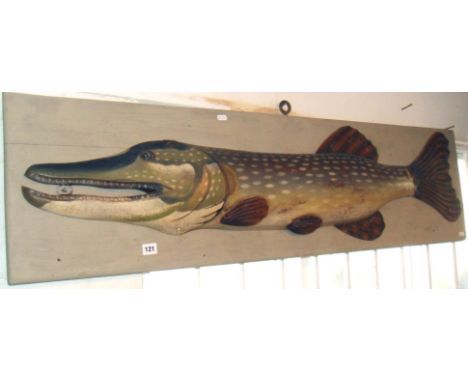 Folk Art large painted tinplate sign of a pike on painted wood board