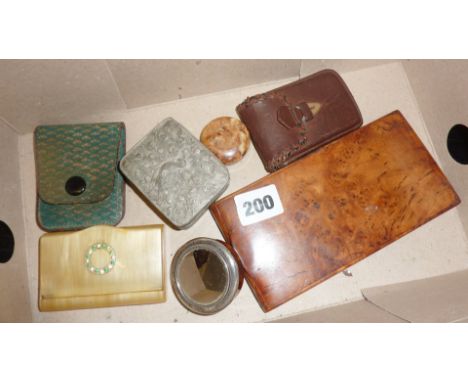 Olive wood cigarette case, silver & faux tortoiseshell cosmetic case, and other boxes