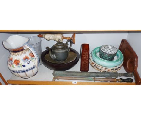 Shelf of assorted items including large Losolware jug, a Poole vase, a Carltonware ring posy vase, two brass garden sprayers 