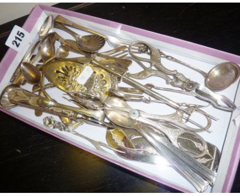 Various small silver-plated utensils and cutlery including spoons, tongs, mechanical pickle fork by WMF etc