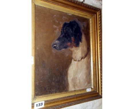 Victorian oil portrait on canvas of a fox terrier, gilt frame
