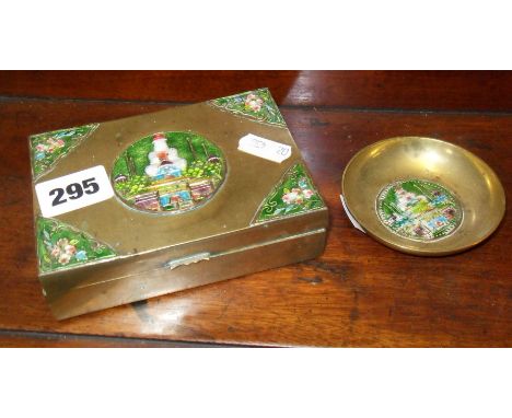 Chinese brass & enamel cigarette box and similar pin tray