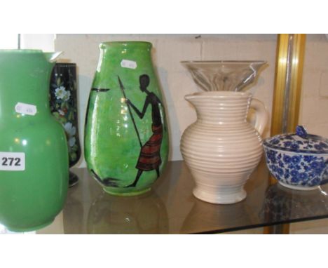 Ruskin pottery vase (broken), a Clarice Cliff jug (A/F), a Brazzaville (M.A.A.C) pottery vase and three other items