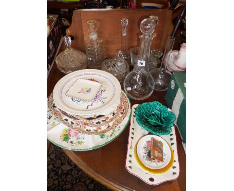 Five various glass decanters, two Poole pottery plates, Masons Ironstone "Christmas Village" tray and assorted china & glass