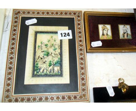 Two Indian painted portrait miniatures and an Indo-Persian rural scene in inlaid frame