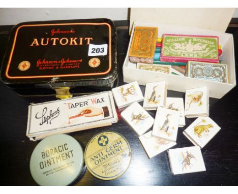 Unused vintage Johnson's Autokit tin containing medical kit for the car, pen nibs in boxes (William Mitchell and Hinks, Wells