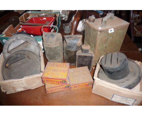 Old 'Shell' petrol can, 'Shell' Tyesules tins, three WW2 Lucas ARP car lamp light shields with cowl (two boxed) and three lan