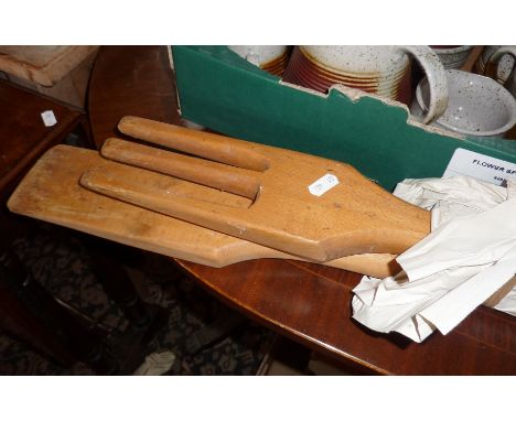 Collapsible teak side table, a large wooden stirring fork & paddle with a Mackintosh-style dining chair 