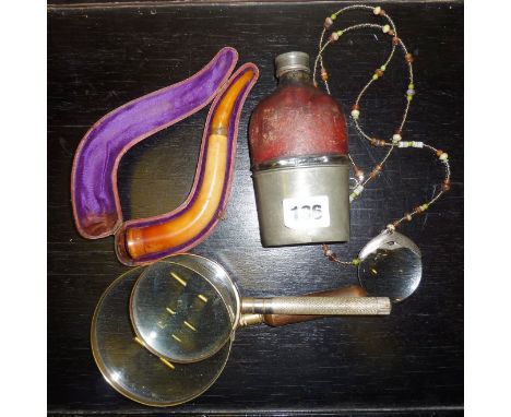 Three magnifying glasses, a leather-cased hip flask and a meerschaum pipe in case