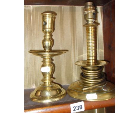 17th c. Dutch brass candlestick with drip tray, together with a later example (converted)