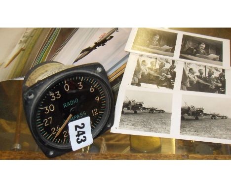 Radio Compass cockpit meter made by Signal Corps US Army, and a quantity of coloured photographs of aeroplanes