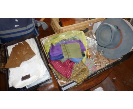 Vintage men's ties, dress shirts, cravats and silk scarves, two hats, and glassware