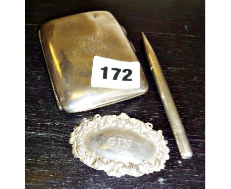 Silver cigarette case, a silver propelling pencil marked as "Rose", and a silver decanter label "GIN"