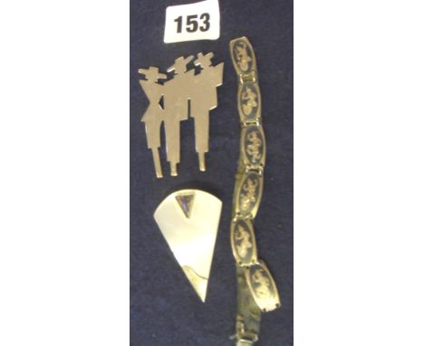 1950s Mexican Taxco solid silver "Three Amigos" brooch, a Siamese silver niello bracelet (A/F), and another mother-of-pearl a