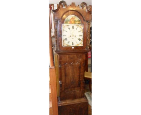 19th c. 8-day longcase clock with painted arch-topped dial, having seconds sweep in cross-banded burr walnut & mahogany case