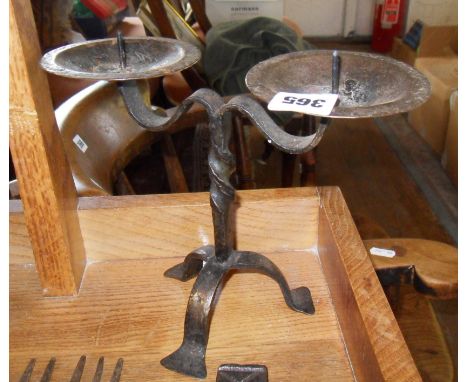 Wrought iron twin-branch candlestick