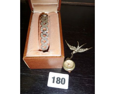 Nurses' watch on silver swallow brooch (watch marked as "R. Mayer Montreux"), with a marcasite bracelet in case