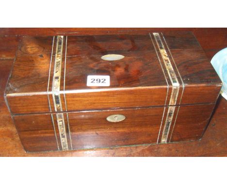 19th c. rosewood tea caddy with mother-of-pearl inlay and internal glass mixing bowl