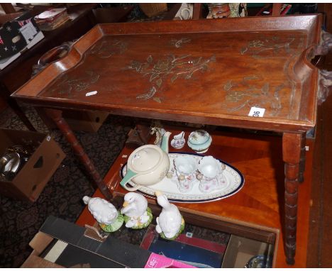 Oriental brass inlaid hardwood tray table with ornately carved handles & bobbin-turned folding legs