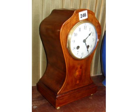 Edwardian inlaid mahogany balloon-shaped mantle clock with French movement