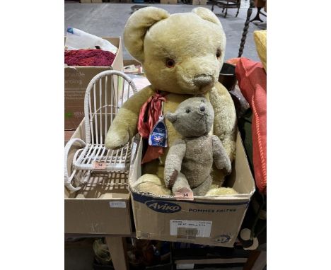 A Merrythought gold plush teddy bear, 28" high (hole to leg); a smaller teddy bear and a cane doll's armchair.