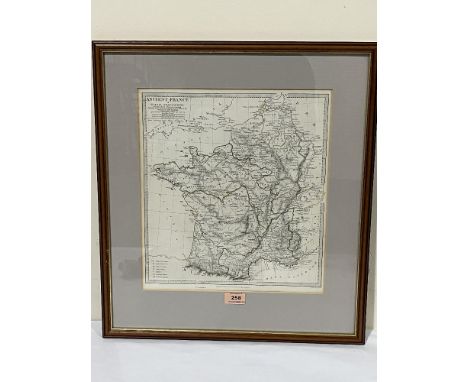 An engraved map, Ancient France or Gallia Transalpina by J + C Walker. 14" x 13".