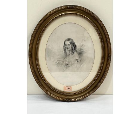 A 19th century gilt framed lithograph of a young girl. c. 1850. 17" high oval.