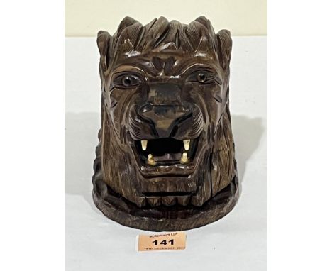 A carved wood lion head inkwell. 5½" high
