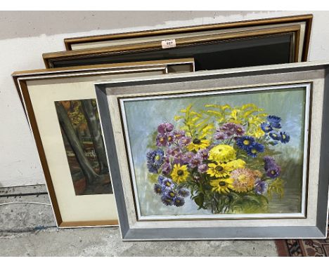 Two pastel drawing by Gwen Webb; a gouache landscape; a print and an oil flower piece.