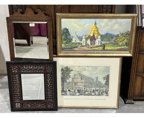 Two wall mirrors, a Burmese school oil painting and a print of Crystal Palace.