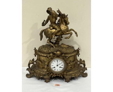 A late 19th century French gilt speltar mantle clock. 19" high.