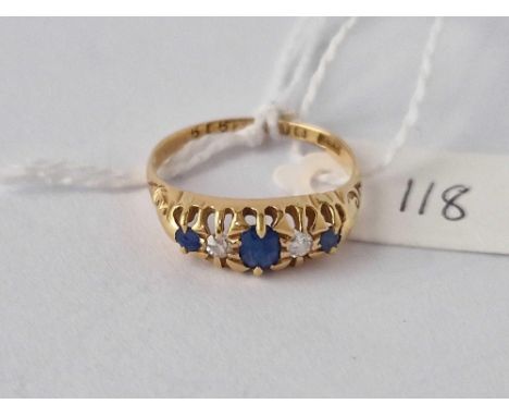 A Antique Sapphire And Diamond Ring 18Ct Gold Size O 2.8 Gms