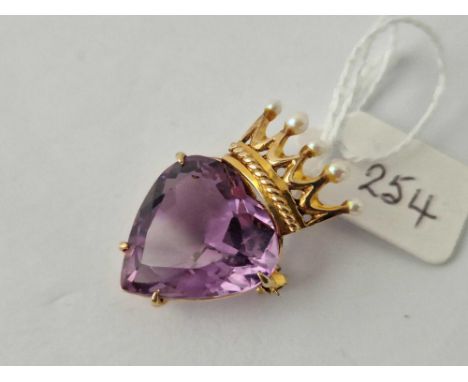 A Amethyst And Pearl Heart And Crown Brooch 9Ct