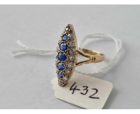 Antique Victorian 18Ct Sapphire And Diamond Set Navette Ring, Size P