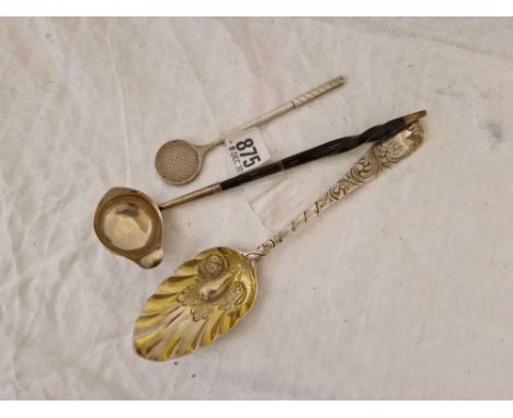 A Georgian Bottom Marked Berry Spoon, A Victorian Small Toddy Ladle And A White Metal Tennis Racket Shaped Stirrer