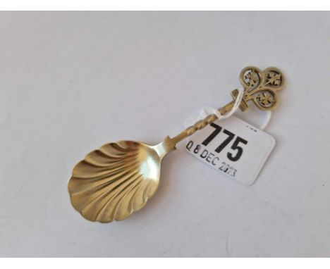 A Decorative Silver Gilt Caddy Spoon With Pierced Stem, Sheffield 1875 By Ap With Kite Mark