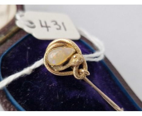 Antique Victorian Gold Snake Stick Pin Set With An Opal In OriginalDomed Antique Box