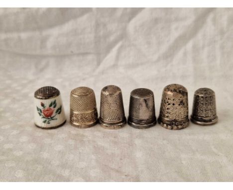 A Group Of Five Silver Thimbles And A Norwegian Silver And Enamel Thimble