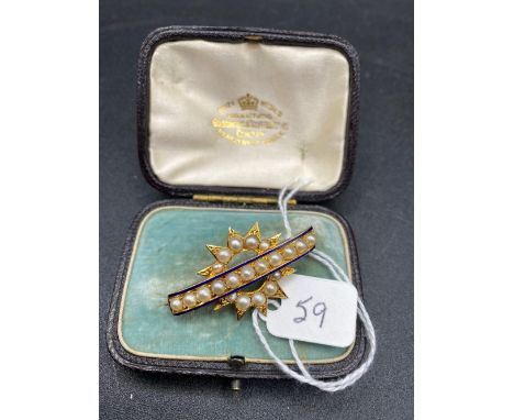 A Victorian Pearl And Enamel Brooch 15Ct Gold Tested 5 Gms In Original Box