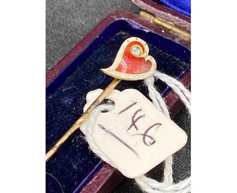 A Exquisite Victorian Diamond Set Heart Shaped Stick Pin In Champleve Enamel In Original Box