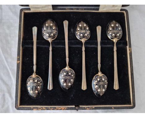 A Boxed Set Of Six Enamel Decorated Coffee Spoons With Gilt Bowls From Garrard &amp; Co