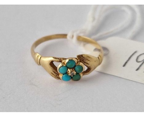 A Antique Gold Turquoise And Pearl Hands Ring Size J