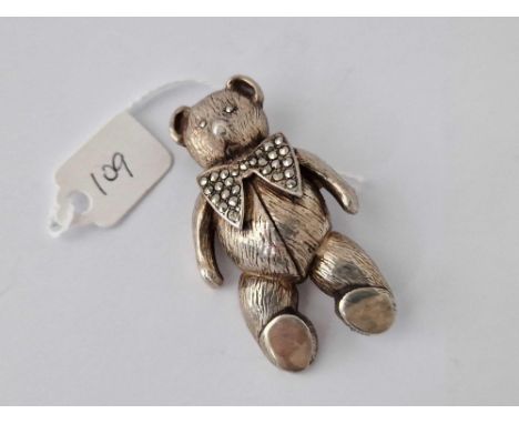 A Large Sterling Silver Teddy Bear Brooch With Marcasite Bow Tie