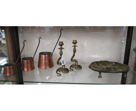 Shelf of metalware collectables to include copper cider ladles